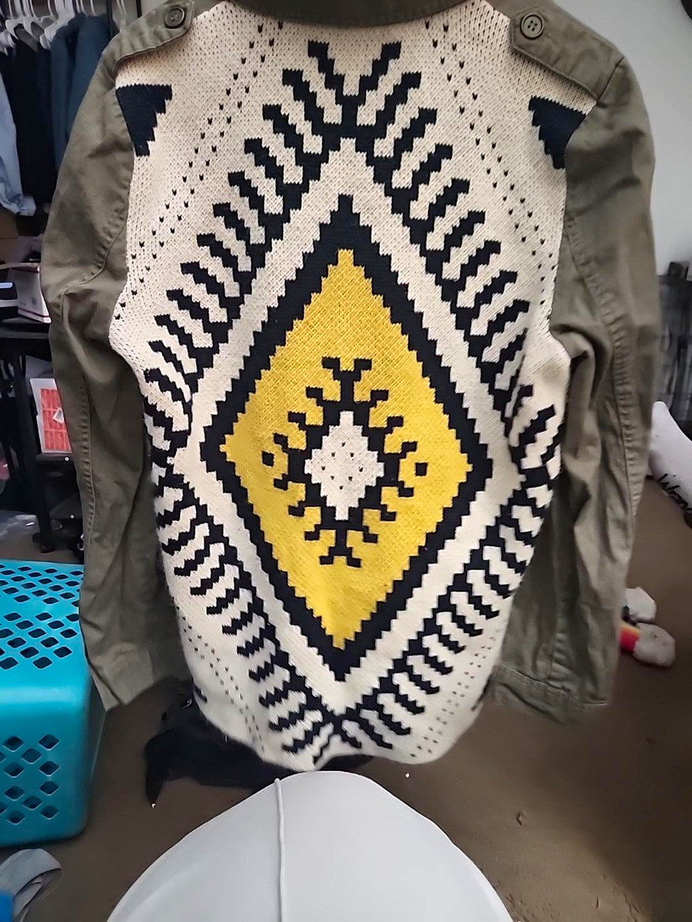 Mine Women’s L Olive Utility Jacket Southwestern Aztec Knit Back Boho